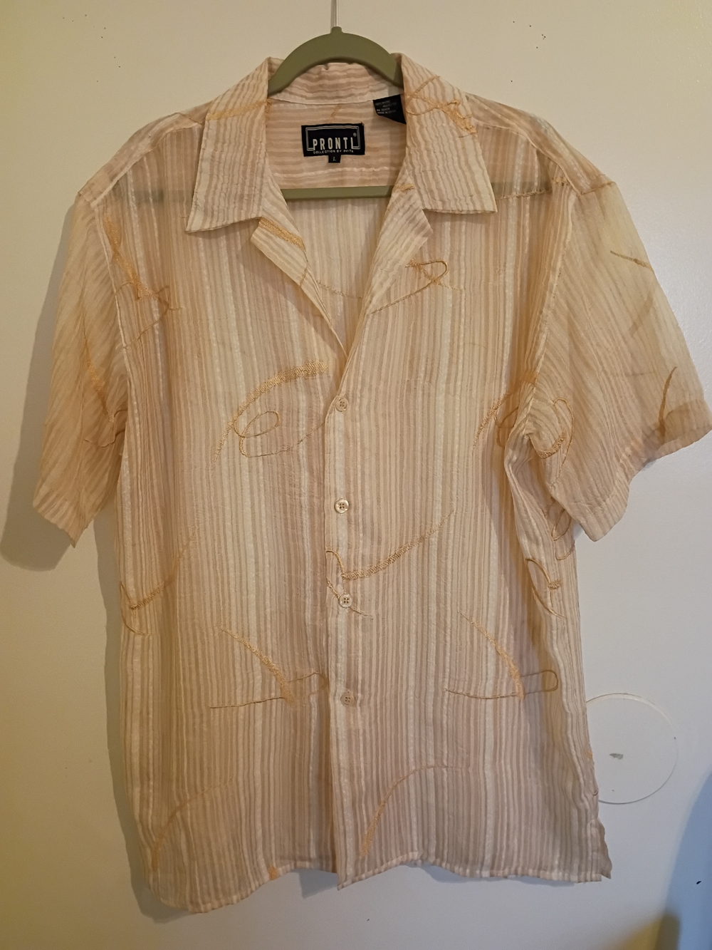 Pronti Men's Peach Short-Sleeve Embroidered Shirt‎ Sz L
